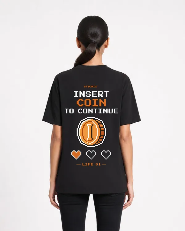 Insert_Coin_To_Continue_Oversized_Black_Graphic_T_Shirt_For_Women_Retro_Gaming_Pixel_Art_Tee