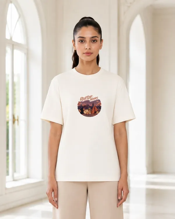 Rooftop_Hours_Graphic_T_Shirt_For_Women_Sunset_Cityscape_Minimalist_Oversized_Tee