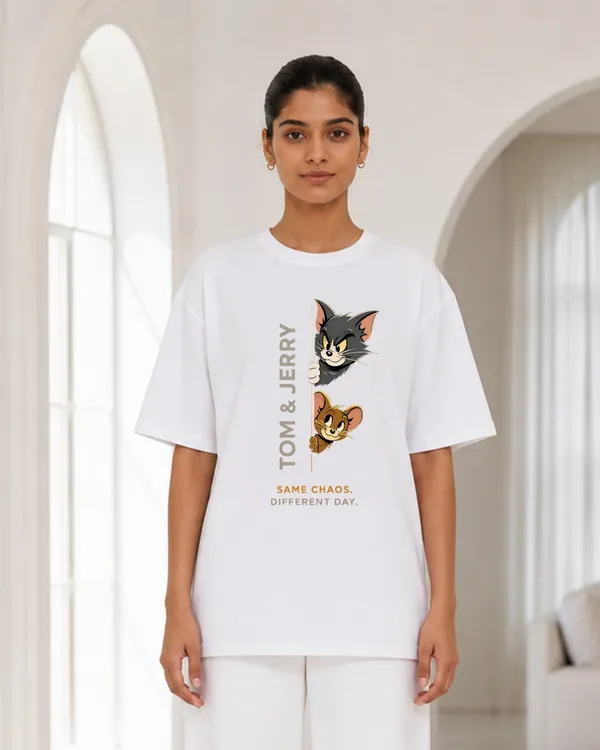 Women_S_White_Oversized_Tom_Jerry_Graphic_T_Shirt_Same_Chaos_Different_Day_Printed_Tee