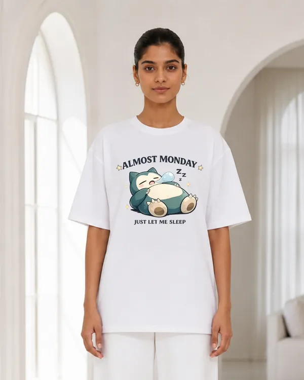 Women_S_White_Oversized_Sleeping_Monster_Graphic_T_Shirt_Almost_Monday_Just_Let_Me_Sleep_Printed_Tee