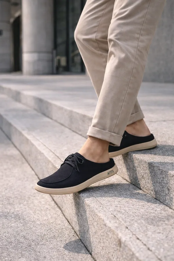 Black_Faux_Linen_Lace_Up_Casual_Shoes_For_Men