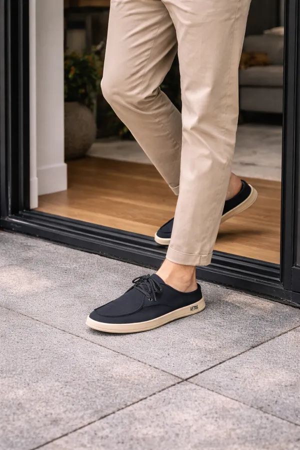 Black_Faux_Linen_Lace_Up_Casual_Shoes_For_Men