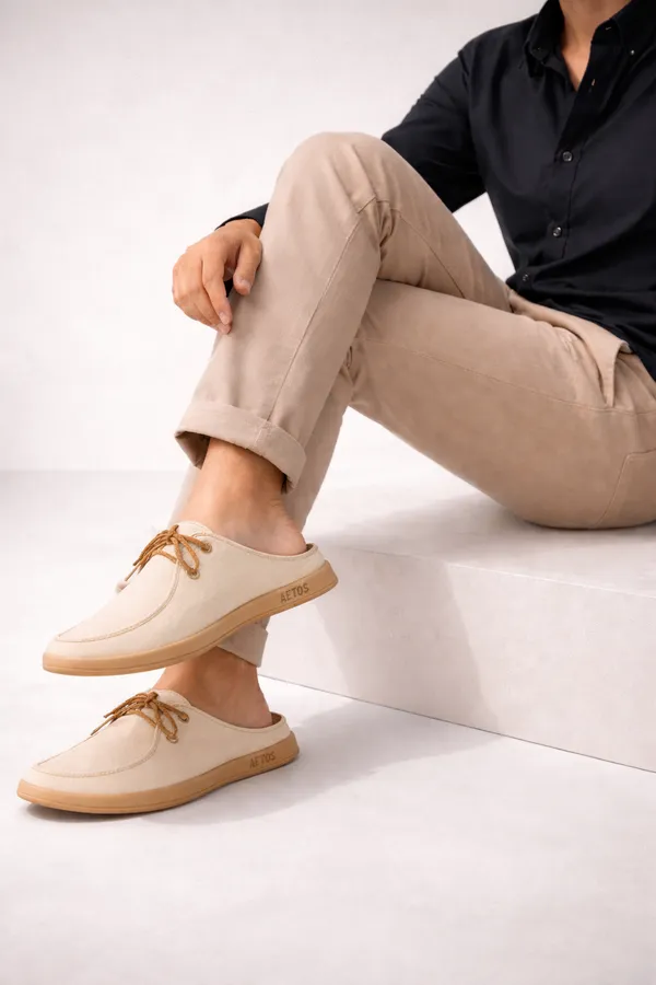Beige_Faux_Linen_Slip_On_Casual_Mules_For_Men