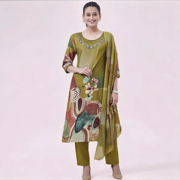 Olive_Green_Silk_Printed_Suit_Set_For_Women