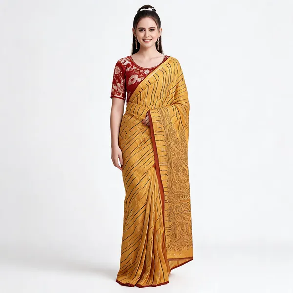 Mustard_Georgette_Printed_Saree_With_Blouse_For_Women