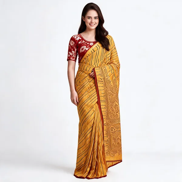 Mustard_Georgette_Printed_Saree_With_Blouse_For_Women