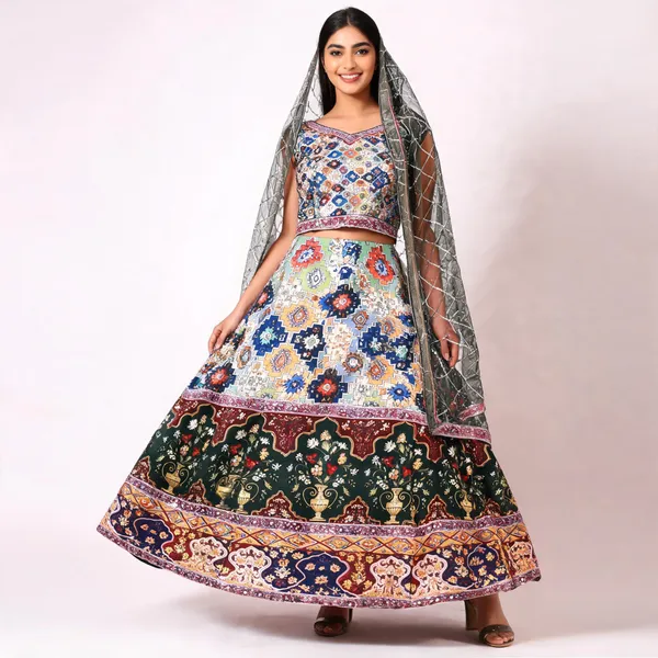 Multicolour_Silk_Gujarati_Flared_Lehenga_Choli_With_Dupatta_For_Women