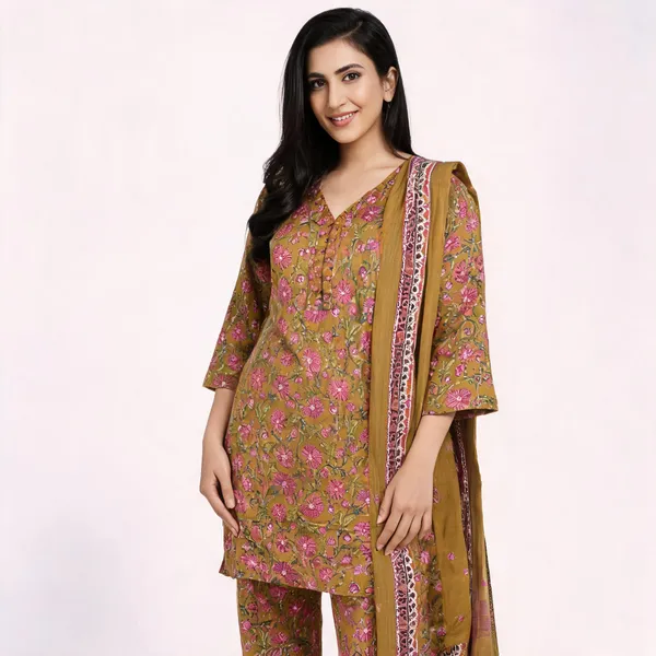 Mustard_Cotton_Floral_Print_Kurta_Suit_Set_For_Women