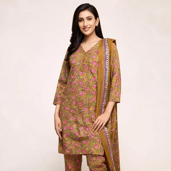 Mustard_Cotton_Floral_Print_Kurta_Suit_Set_For_Women