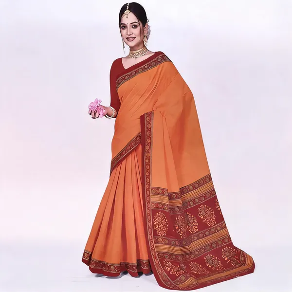Orange_Pure_Cotton_Printed_Saree_For_Women