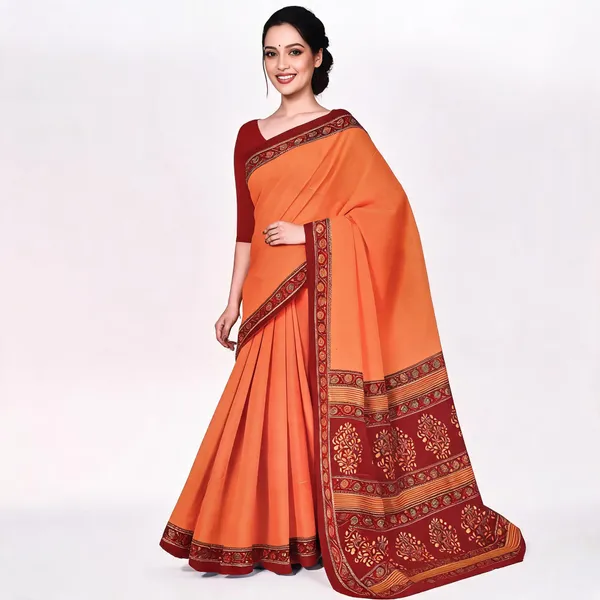 Orange_Pure_Cotton_Printed_Saree_For_Women