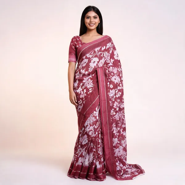 Maroon_Chiffon_Floral_Print_Saree_For_Women