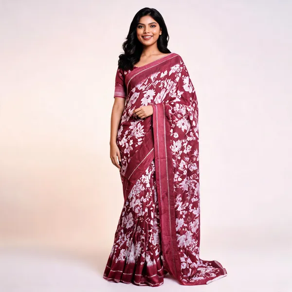 Maroon_Chiffon_Floral_Print_Saree_For_Women