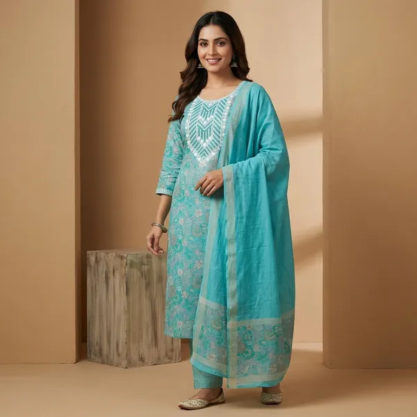 Teal_Cotton_Floral_Print_Embroidered_Unstitched_Suit_For_Women