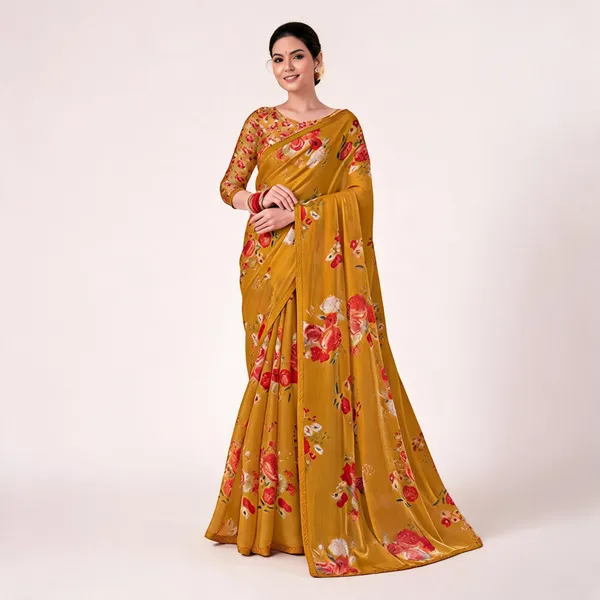 Mustard_Chiffon_Floral_Printed_Saree_For_Women