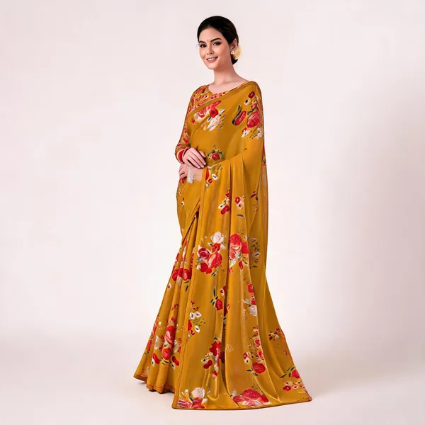 Mustard_Chiffon_Floral_Printed_Saree_For_Women