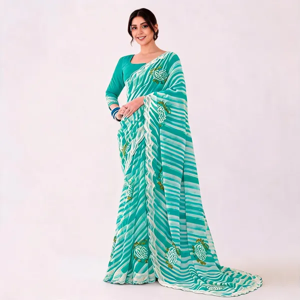 Turquoise_Chiffon_Striped_Printed_Saree_For_Women