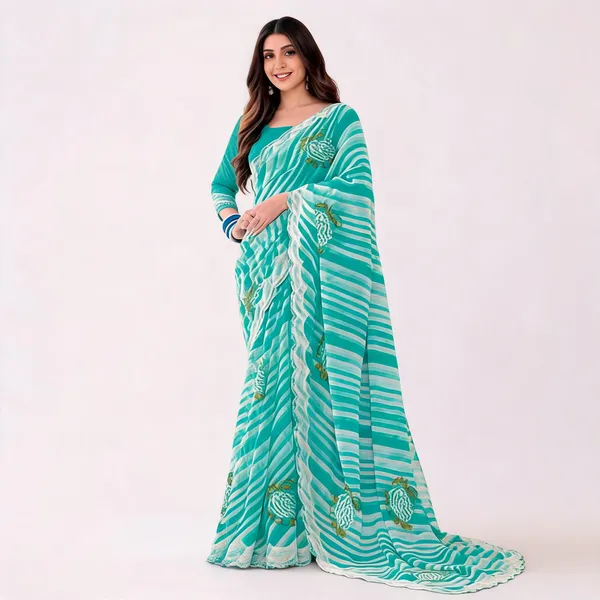 Turquoise_Chiffon_Striped_Printed_Saree_For_Women