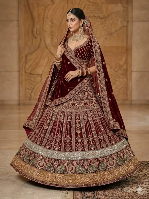 Maroon_Velvet_Embellished_Bridal_Lehenga