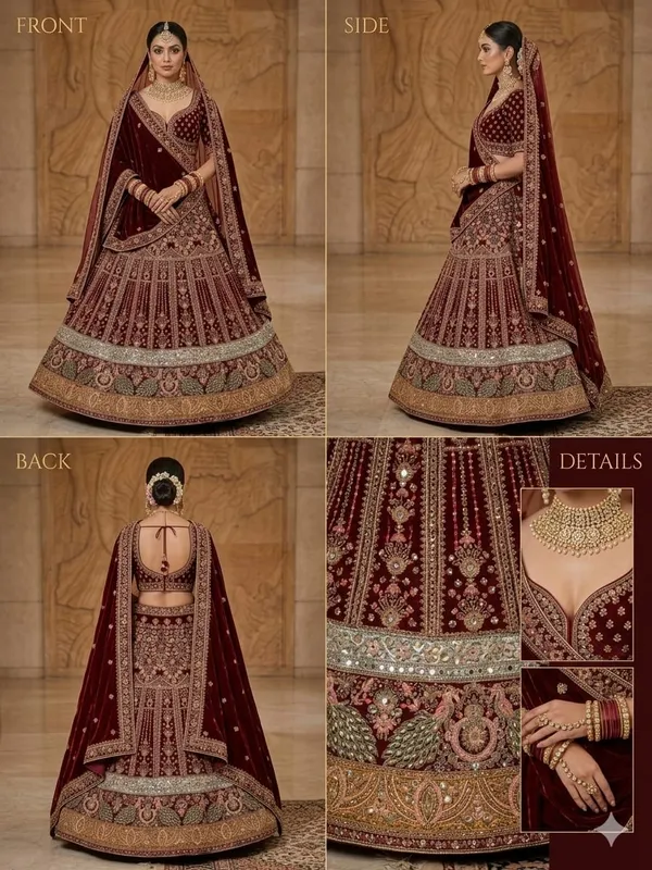 Maroon_Velvet_Embellished_Bridal_Lehenga