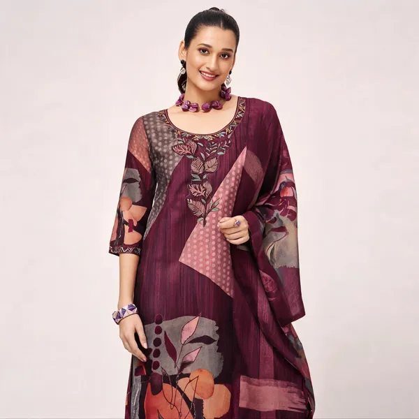 Maroon_Silk_Printed_Asymmetric_Kurta_Suit_Set_For_Women