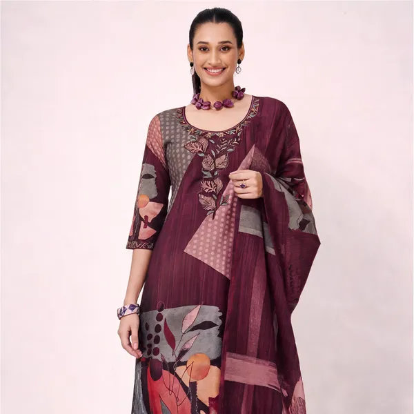 Maroon_Silk_Printed_Asymmetric_Kurta_Suit_Set_For_Women