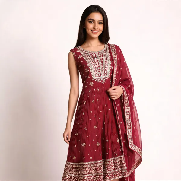 Maroon_Chiffon_Anarkali_Embellished_Kurta_With_Dupatta_For_Women