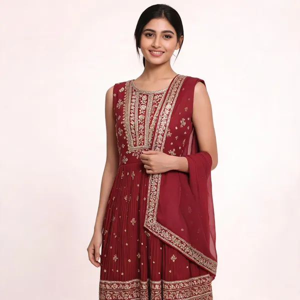 Maroon_Chiffon_Anarkali_Embellished_Kurta_With_Dupatta_For_Women