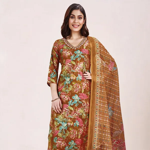Brown_Cotton_Silk_Floral_Print_Straight_Unstitched_Suit_Set_For_Women