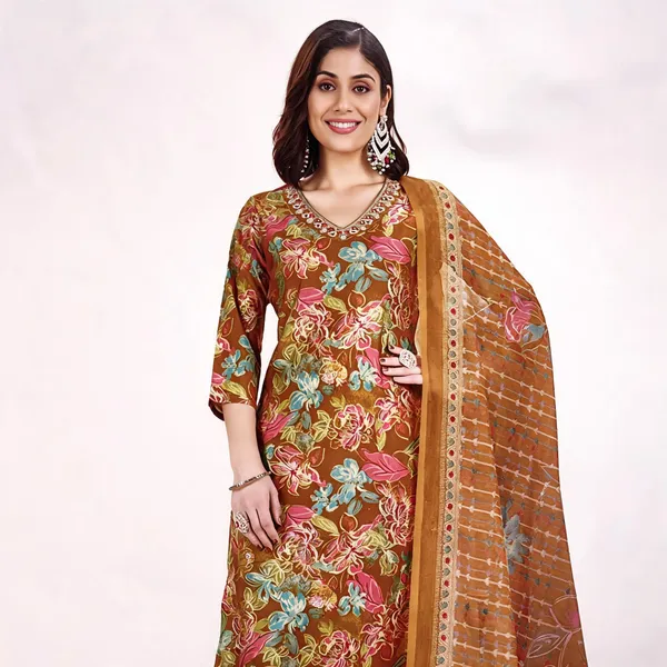 Brown_Cotton_Silk_Floral_Print_Straight_Unstitched_Suit_Set_For_Women