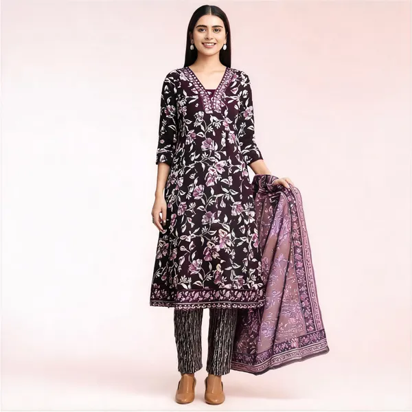 Black_Linen_Cotton_Floral_Print_Suit_Set_For_Women