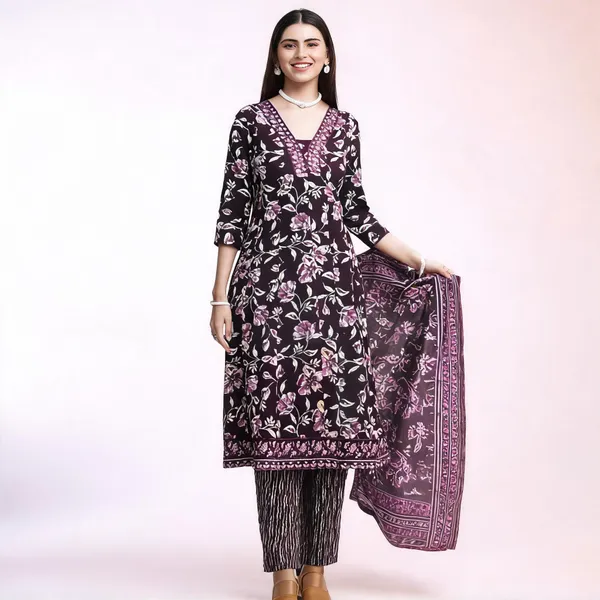 Black_Linen_Cotton_Floral_Print_Suit_Set_For_Women