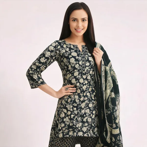 Black_Linen_Cotton_Floral_Print_Ethnic_Suit_Set_For_Women