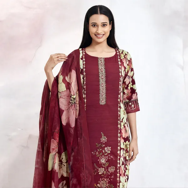 Maroon_Silk_Floral_Print_Kurta_Suit_Set_For_Women