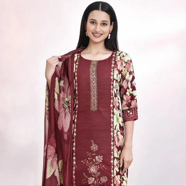 Maroon_Silk_Floral_Print_Kurta_Suit_Set_For_Women