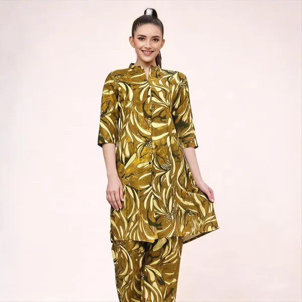 Olive_Cotton_Printed_Kurta_Pant_Suit_Set_For_Women