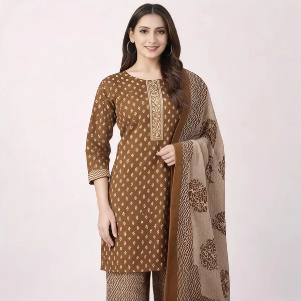 Brown_Cotton_Printed_Kurta_Suit_Set_With_Dupatta_For_Women