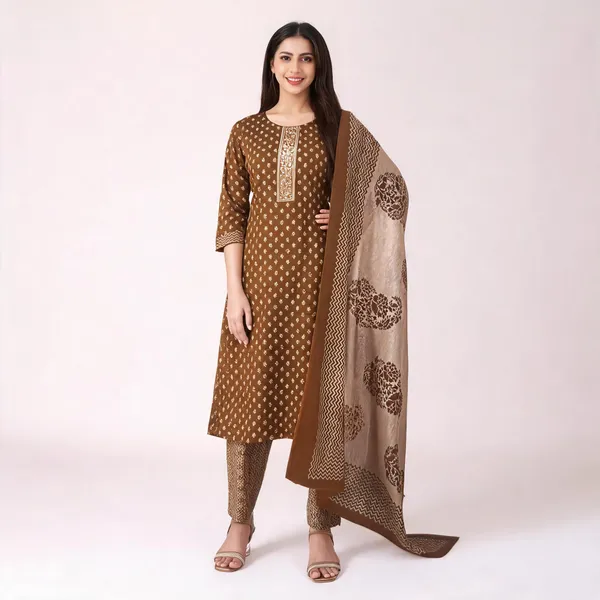 Brown_Cotton_Printed_Kurta_Suit_Set_With_Dupatta_For_Women