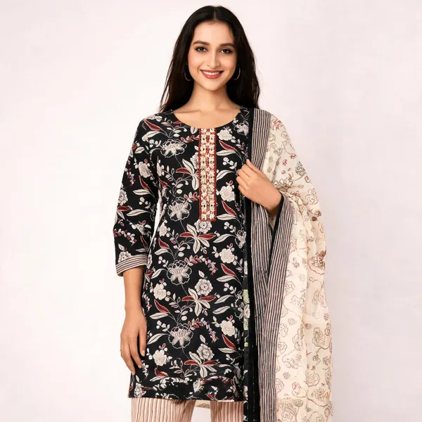 Black_Cotton_Floral_Print_Straight_Suit_Set_For_Women