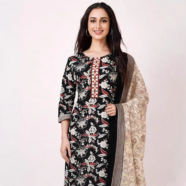 Black_Cotton_Floral_Print_Straight_Suit_Set_For_Women