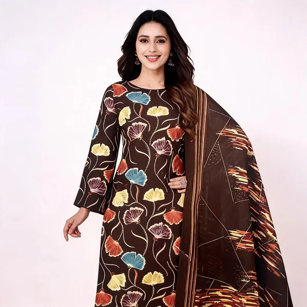 Brown_Cotton_Floral_Print_Unstitched_Suit_Set_For_Women