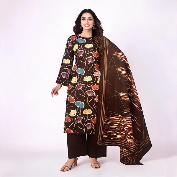 Brown_Cotton_Floral_Print_Unstitched_Suit_Set_For_Women