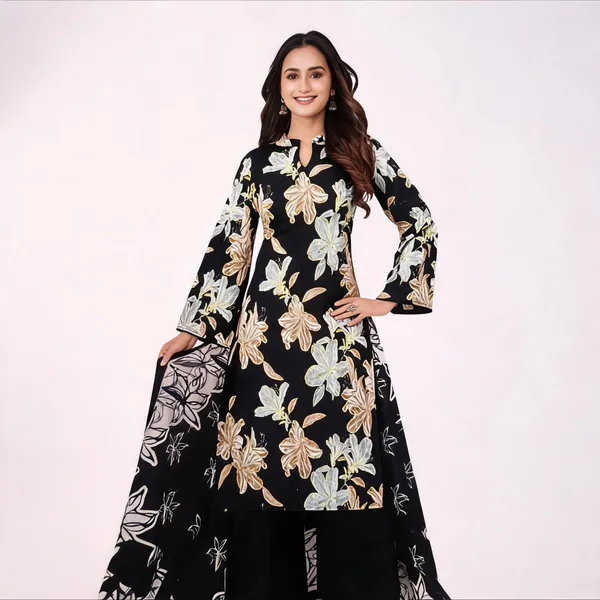 Black_Cotton_Floral_Print_Unstitched_Suit_Set_For_Women