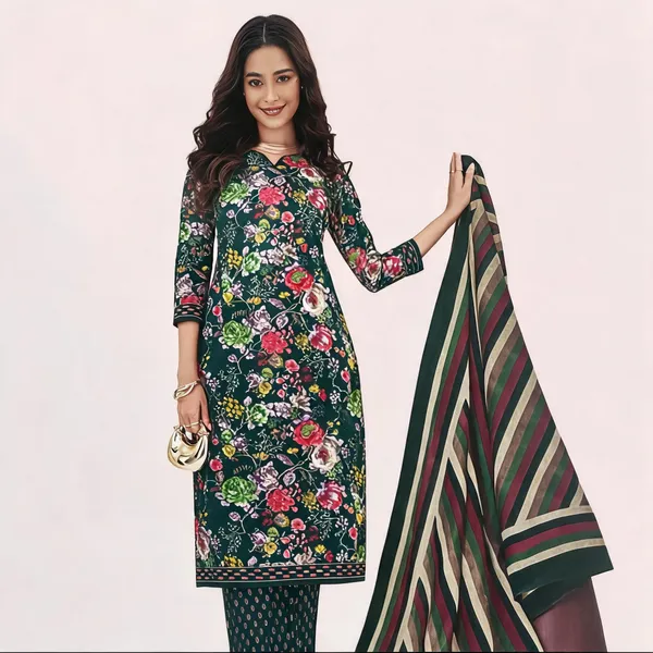 Dark_Green_Cotton_Floral_Print_Unstitched_Suit_Set_For_Women
