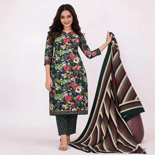Dark_Green_Cotton_Floral_Print_Unstitched_Suit_Set_For_Women