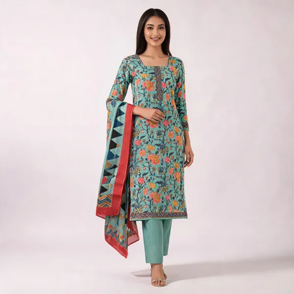 Turquoise_Cotton_Floral_Print_Unstitched_Suit_Set_For_Women