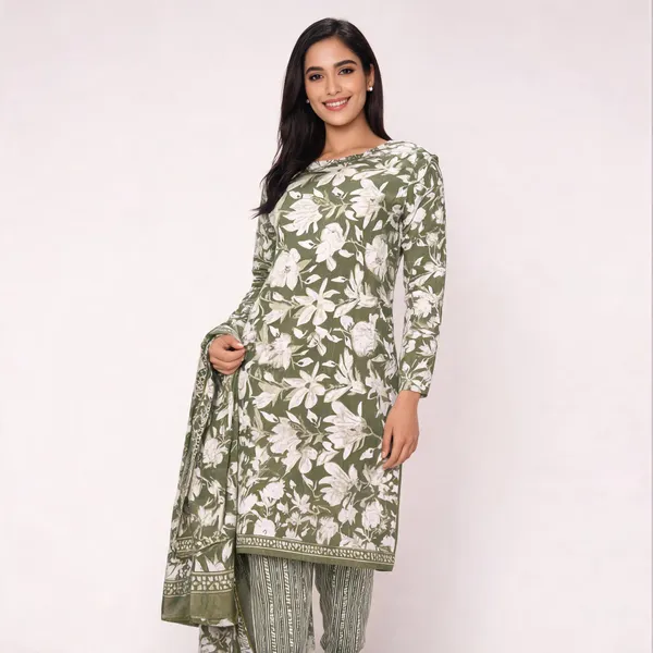 Olive_Green_Cotton_Floral_Print_Unstitched_Suit_Set_For_Women