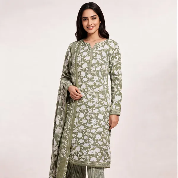 Olive_Green_Cotton_Floral_Print_Unstitched_Suit_Set_For_Women