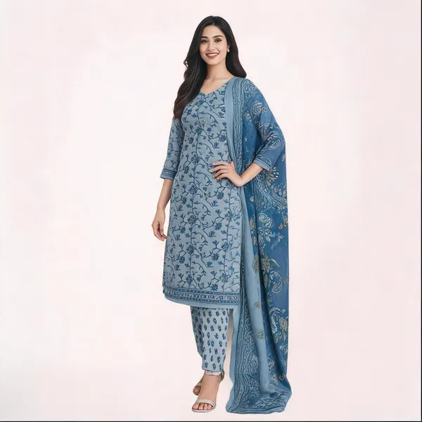 Blue_Cotton_Floral_Print_Unstitched_Suit_Set_For_Women