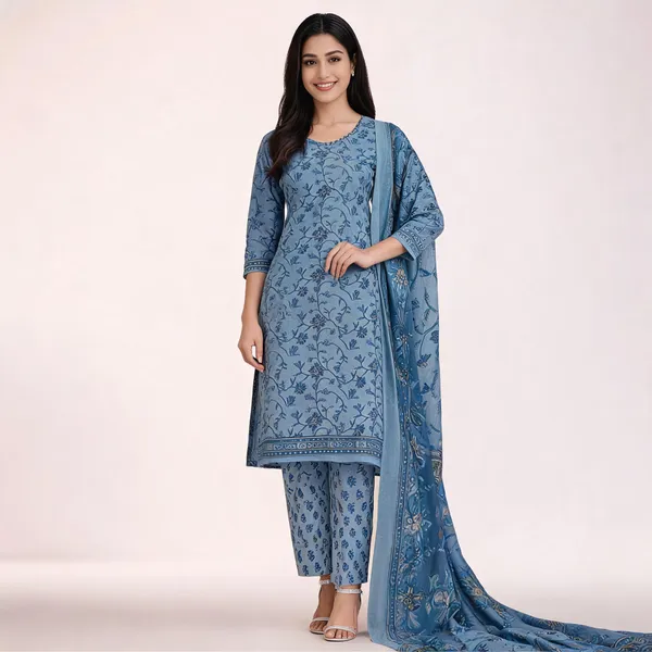Blue_Cotton_Floral_Print_Unstitched_Suit_Set_For_Women